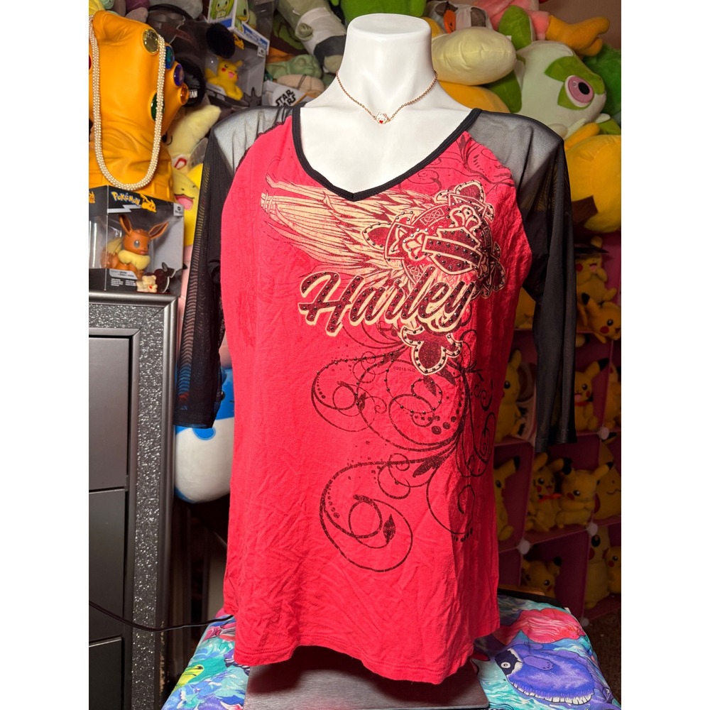 Harley-Davidson Womens XL Red Mesh Sleeve Graphic V-Neck Mountain Top #5